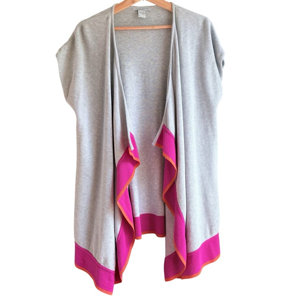 Lauren Hansen 100% Cotton Open Front‎ Short Sleeve Cardigan Sweater Gray Pink L